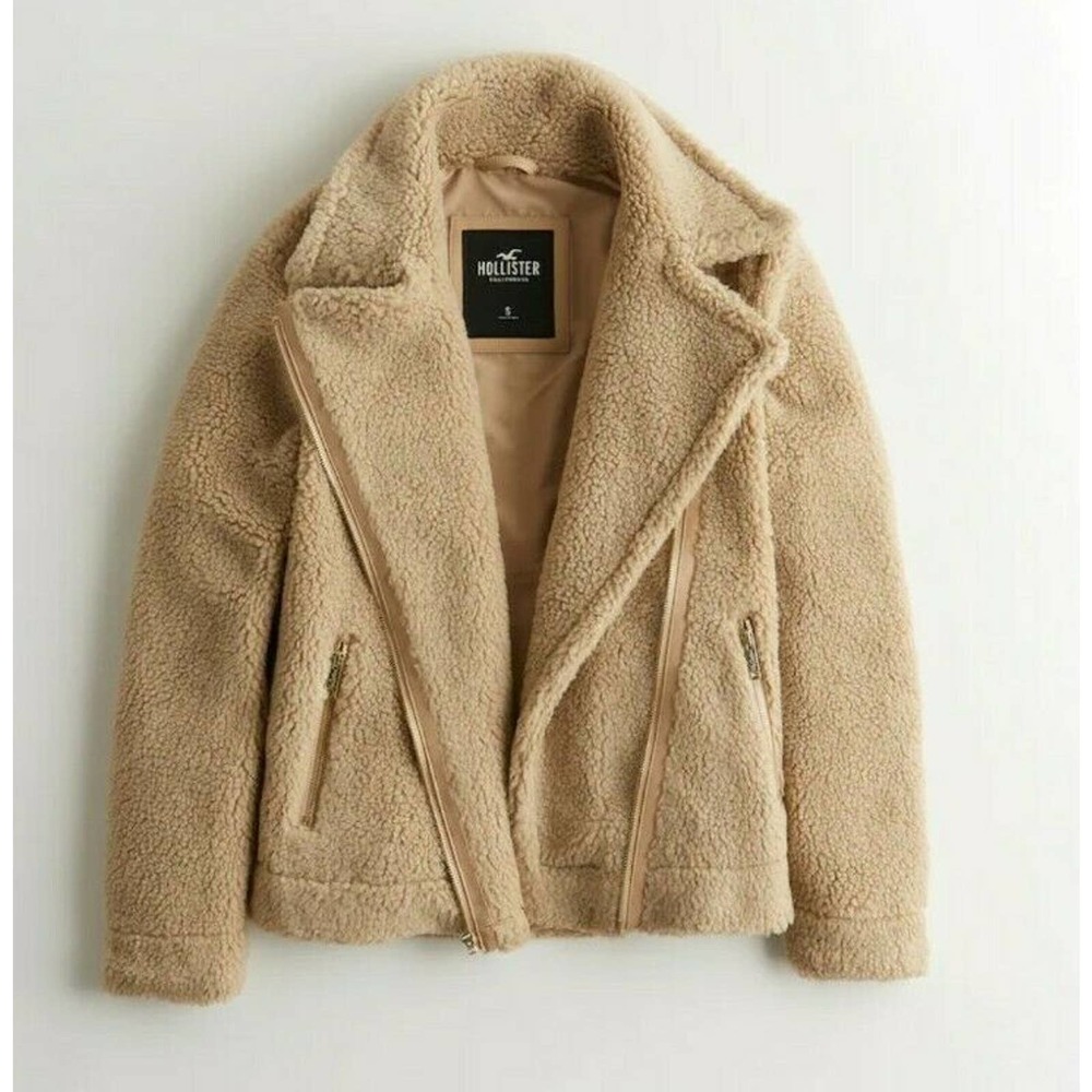 Hollister The Cozy Biker Fleece Jacket Cream Tan